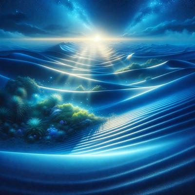 The primary subject of the image is a beautifully illustrated underwater scene featuring a sunset. The setting is a vibrant blue ocean with waves and a sun shining through the water. The visual style is a combination of digital art and illustration, creating a captivating and artistic representation of the underwater world. The colors and mood of the image are predominantly blue, creating a serene and calming atmosphere.
